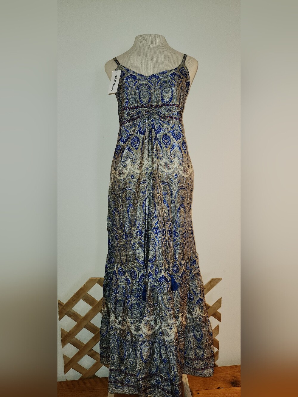 Spaghetti-Strap Paisley Maxi Dress in Blue and Brown